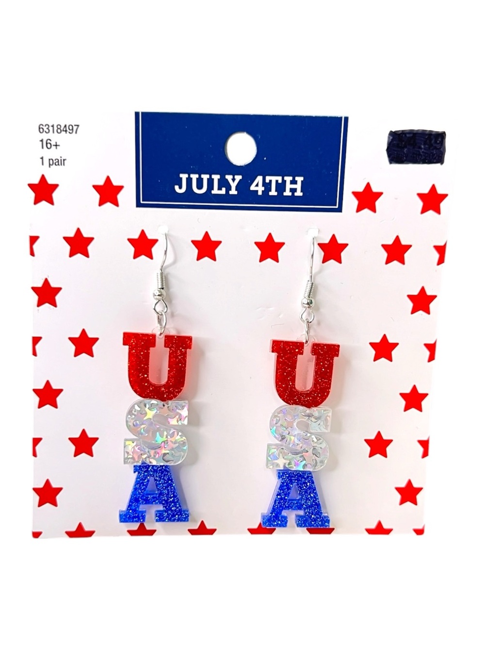 Hobby Lobby Sparkly America USA Dangle Earrings Red Silver Blue
